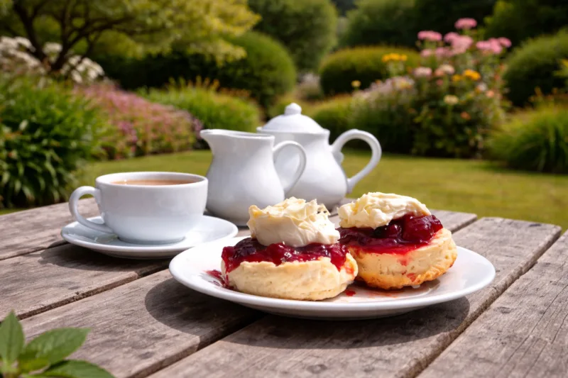 Cornish cream tea with scones, strawberry jam and clotted cream in a tea room garden