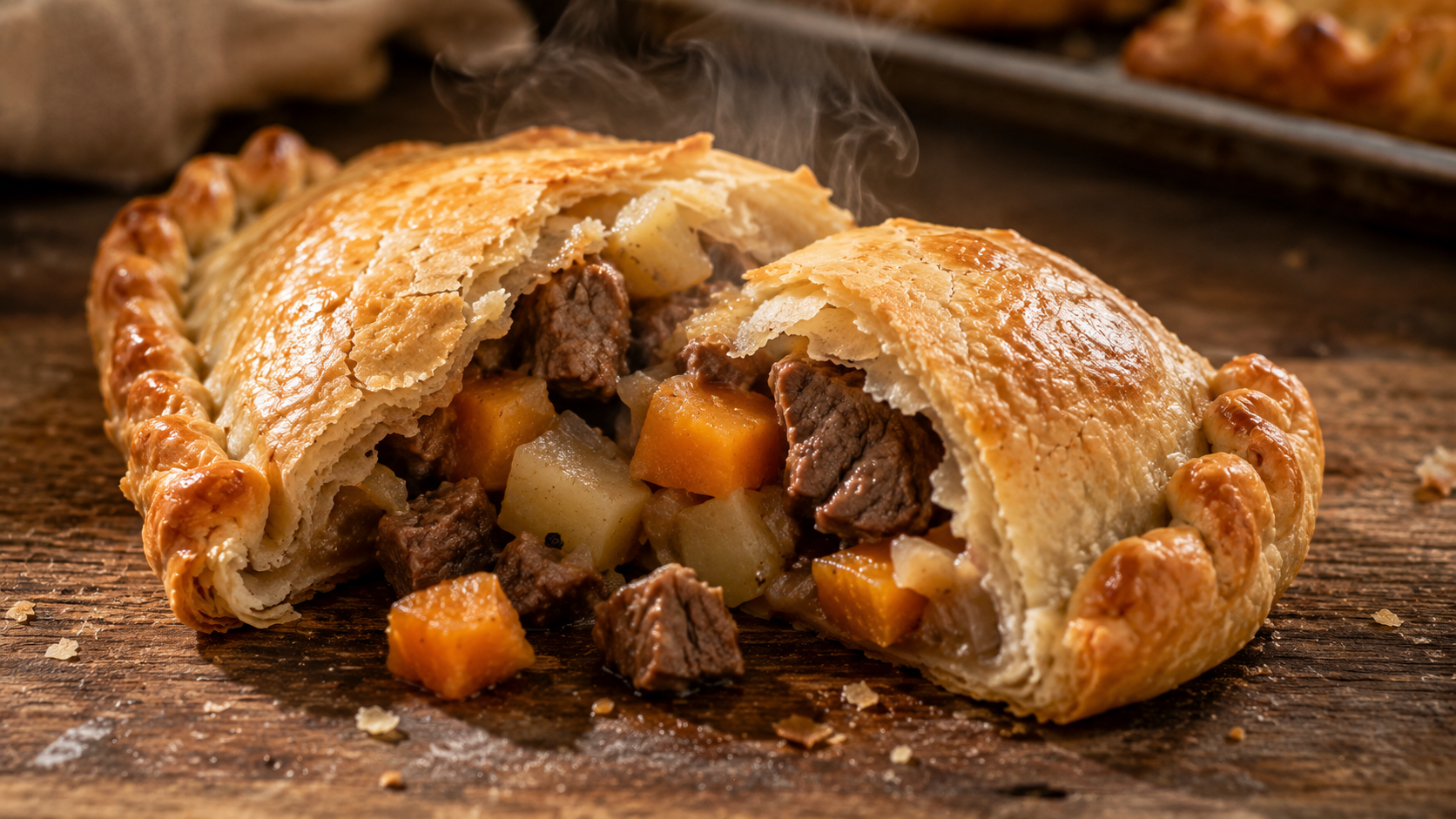 Proper Cornish pasty broken open showing beef, potato, swede and onion filling with a side crimp.
