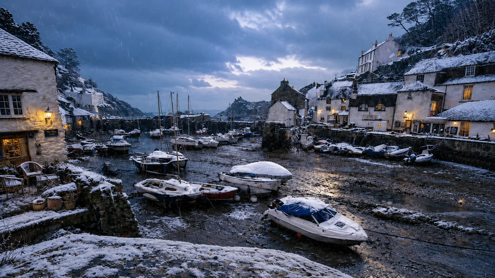Snowy winter harbour in Polperro, Cornwall, showing boats, cottages and local pubs