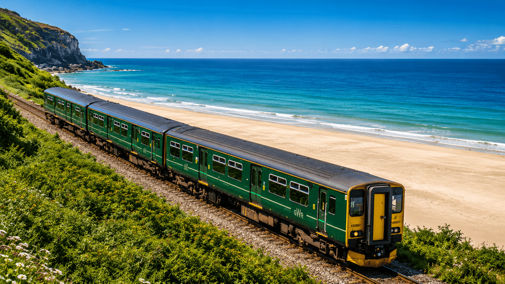 Train travelling beside the beach on the St Ives Bay Line in Cornwall
