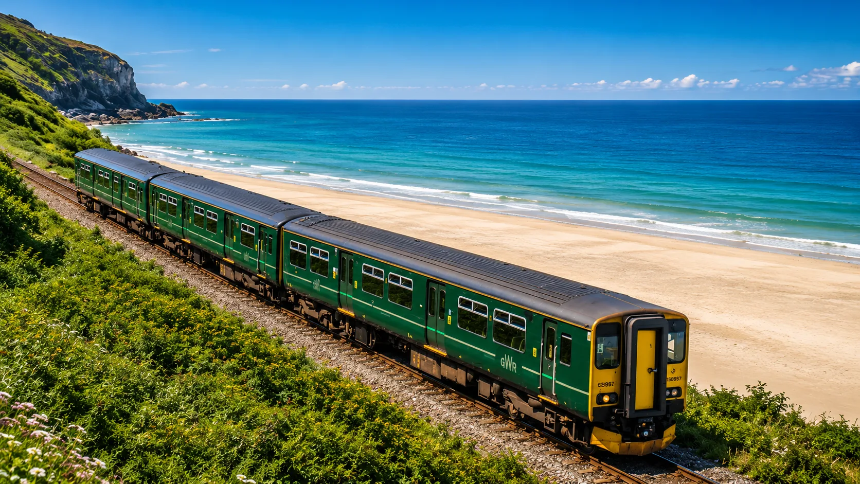 Train travelling beside the beach on the St Ives Bay Line in Cornwall