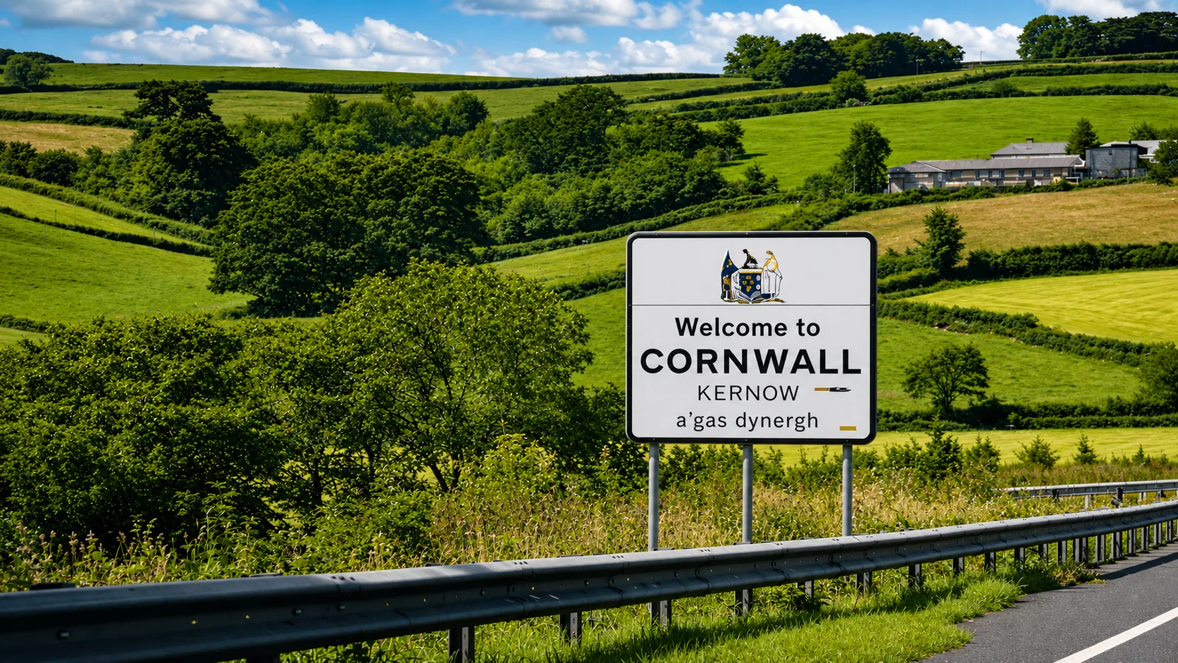Welcome to Cornwall sign beside the road and countryside