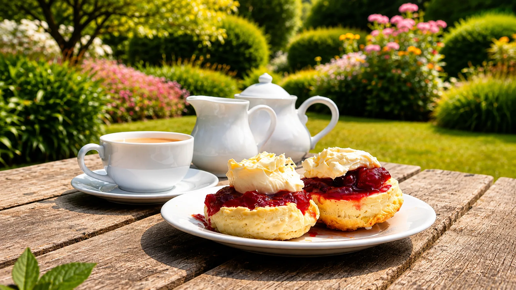 Cornish cream tea with jam first, clotted cream and tea in a garden setting