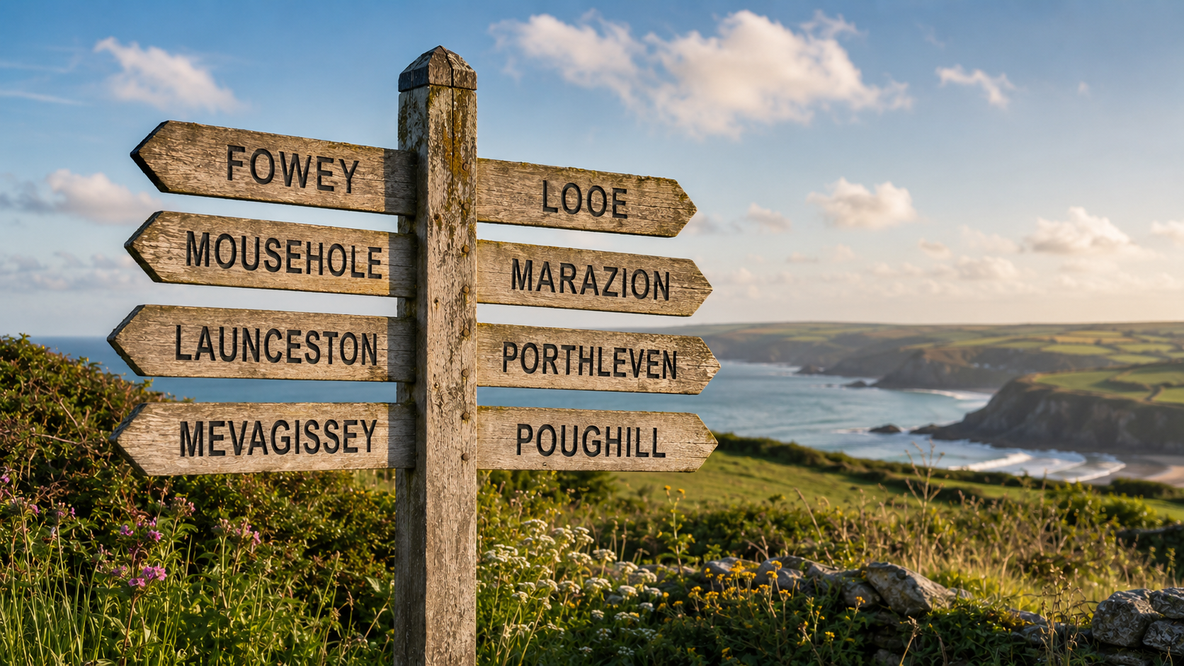 Wooden Cornish signpost showing Fowey, Mousehole, Launceston, Mevagissey, Looe, Marazion, Porthleven and Poughill by the coast.
